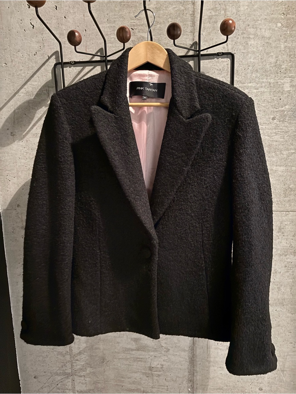 Pink Tartan Black Textured Wool-Blend Tailored Blazer